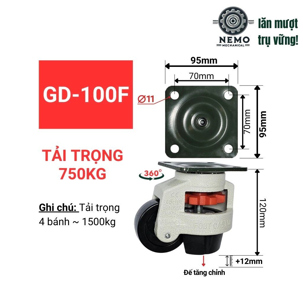 Bánh xe liền chân tăng chỉnh độ cao/thấp cho thiết bị y tế, bàn máy, tủ điện, tải trọng 50-750kg